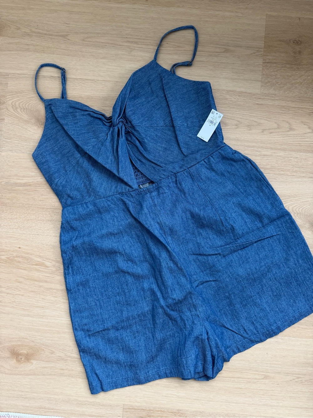 Blue Denim-Look Knot Front Romper